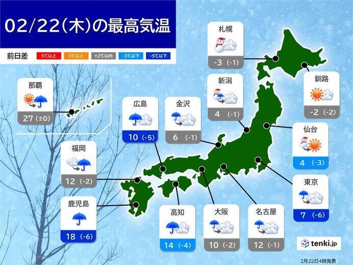 22日の全国の天気　雨雲や雪雲発達　北海道～関東は真冬並みの寒さ