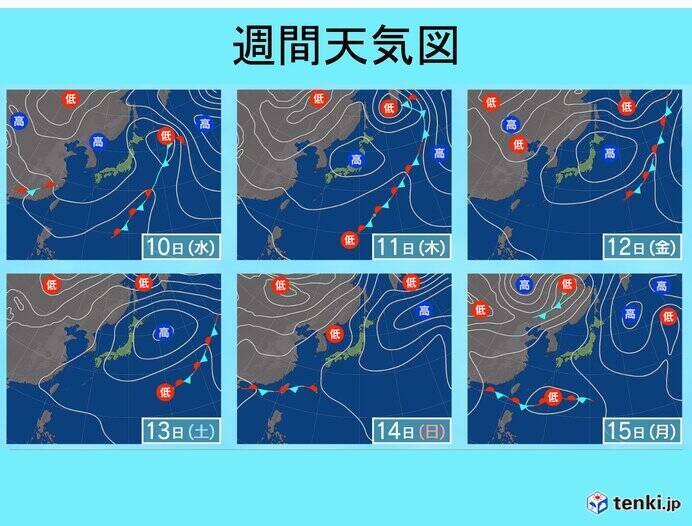 2週間天気　今週半ば頃は晴れる所が多い　週末はまた広く雨　沖縄は梅雨入りか