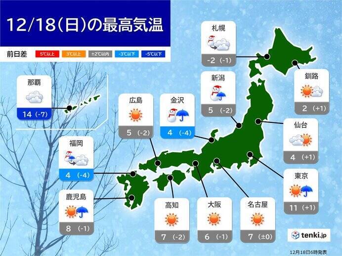 きょう18日　日本海側は大雪　四国など西日本太平洋側の平地も積雪や路面凍結注意