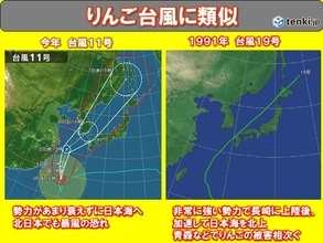 日本海を北上予想の台風11号　1991年台風19号「りんご台風」に類似