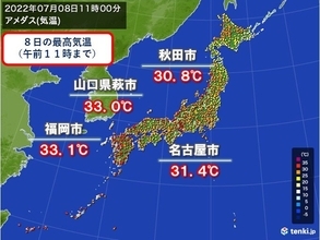 日本海側　午前中から厳しい暑さ　午後は東北でも猛暑日迫る