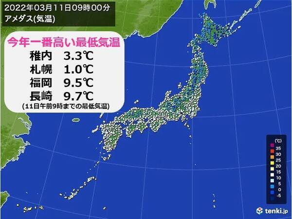 11日朝 北海道や九州で今年一番高い最低気温に 札幌は今年初めて冬日から解放 22年3月11日 エキサイトニュース