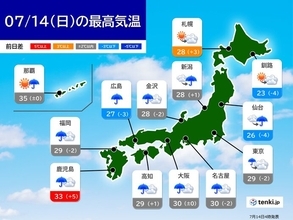 14日　九州北部は大雨に厳重に警戒　線状降水帯発生も　関東なども雨雲発達
