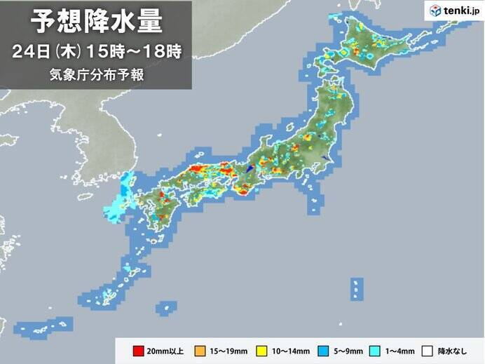 24日　九州～東海は雷雨や非常に激しい雨　関東甲信～北海道は天気急変と猛暑に注意