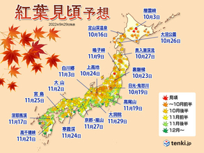 2022年第1回「紅葉見頃予想」　日本気象協会発表　色づきは平年並みか遅め