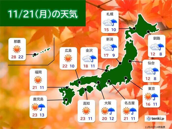 あす21日(月)　朝の通勤時間帯　関東など東日本～北日本で傘が必要　雨いつ止む?