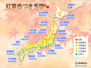2020年紅葉色づき予想　日本気象協会発表