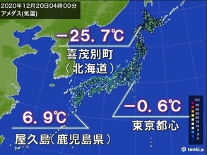 冷える列島　北海道で今季初のマイナス25℃以下　全国の約7割で冬日