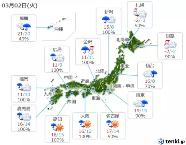 「火曜　九州から東北は激しい雨や横殴りの雨　北海道は大雪の恐れ」の画像