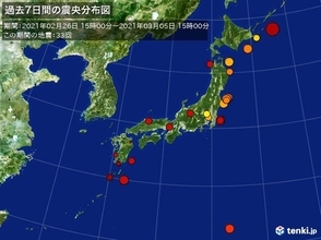 ここ1週間の地震回数　震度3の地震が6回