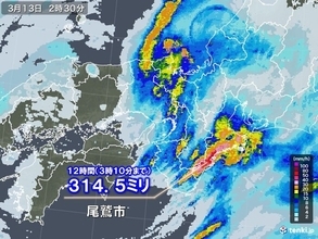 三重県　12時間で300ミリ以上の大雨　3月としては記録的に