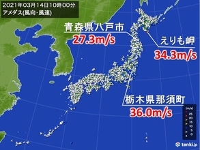 非常に強い風　栃木県那須町で最大瞬間風速36.0メートル