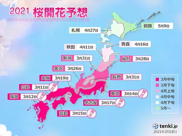 2021年桜開花予想　週明け満開ラッシュ　東京22日　福岡・広島23日