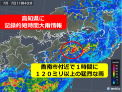 高知県で約120ミリ　記録的短時間大雨