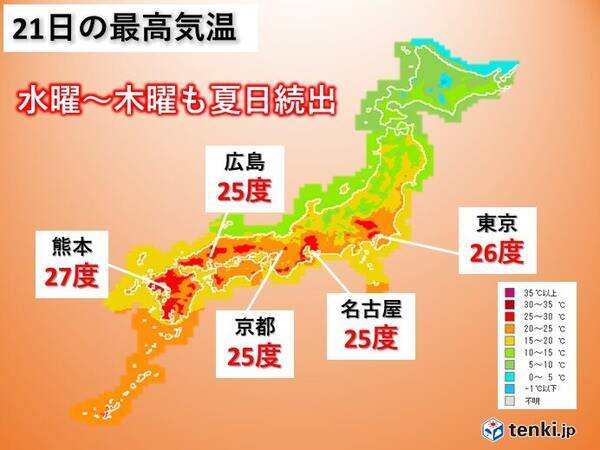 水曜 木曜も最高気温25度以上の夏日が続出 30度に迫る所も 21年4月日 エキサイトニュース