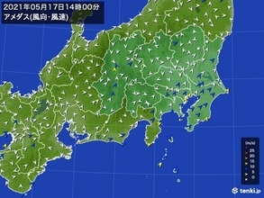 関東　南部で南風強まる　風速10メートル以上も　18日明け方にかけて強風に注意