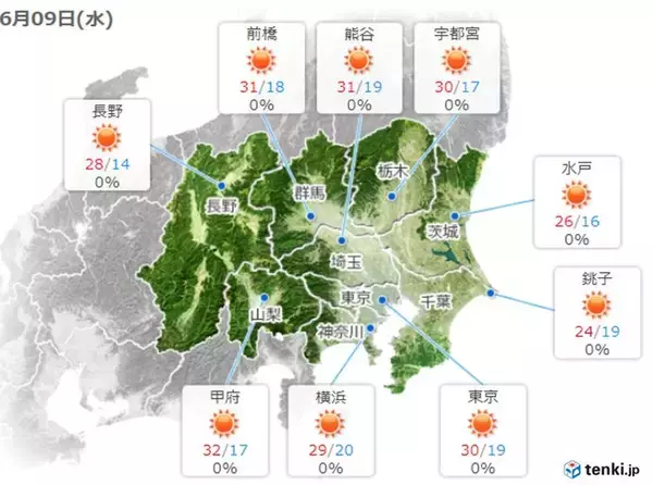 「関東甲信　あすも晴れて　季節先取りの暑さ　梅雨入りは週末以降に」の画像