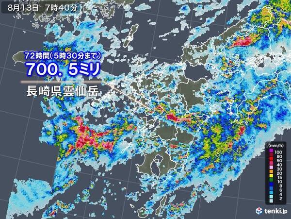 長崎県雲仙岳で700ミリ超　九州北部で記録的な大雨　土砂災害の危険度非常に高く