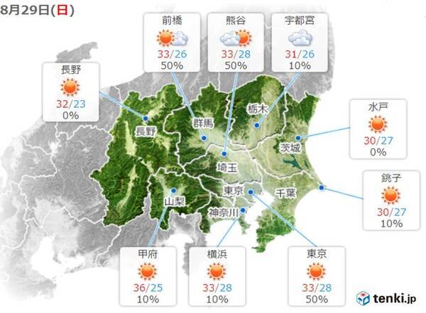 29日の関東甲信　引き続き厳しい暑さ　万全の熱中症対策を　局地的に雨雲発生