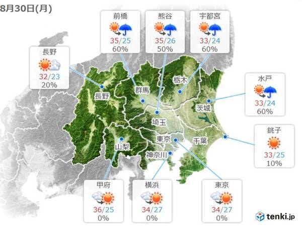 30日の関東甲信　猛烈な暑さ　午後は所々で雨雲が発達　激しい雨も