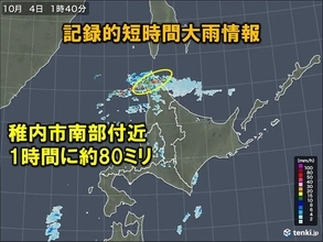 北海道稚内市南部付近　1時間に約80ミリ「記録的短時間大雨情報」