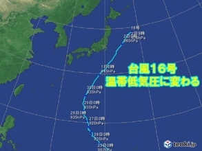 台風16号　温帯低気圧に変わる　引き続き高波に警戒・注意