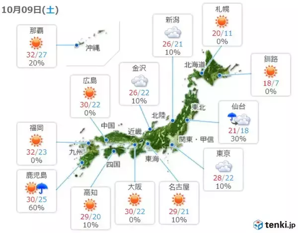 「9日　日中は多くの所で晴天　暑さが続く　関東や九州南部など太平洋側は一部で雨」の画像