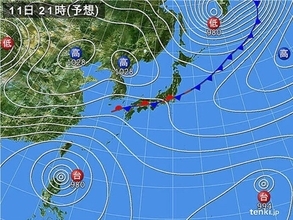 11日(月)の天気　沖縄は台風18号の影響で強風　北海道は前線通過で大雨・暴風