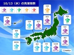 13日の「洗濯指数」北海道と東北北部は洗濯日和　東北南部や関東以西は所々で雨