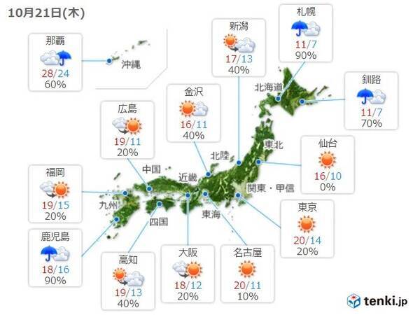 21日　日本海側は雨や雷雨　太平洋側は晴れても北風冷たい