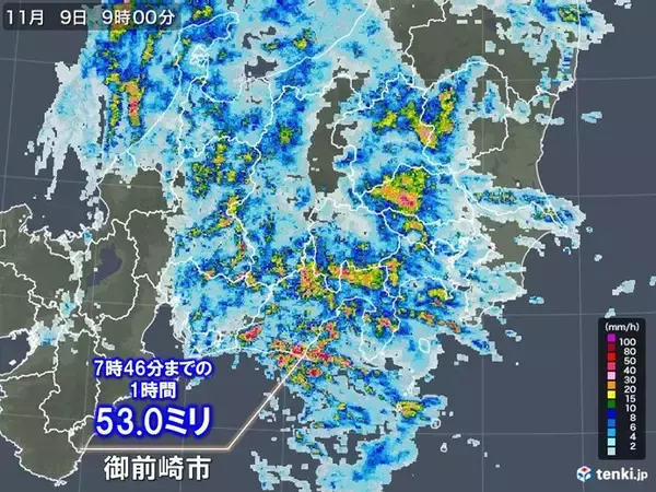 東海～関東に発達した雨雲　静岡県御前崎市で1時間50ミリ以上の滝のような雨を観測