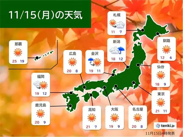 15日月曜の天気　北海道は平地で雪の所も　関東から九州は寒暖差など注意