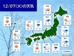 きょう7日(火)の天気　近畿～東海は断続的に雨　関東も夕方から雨具が必要に