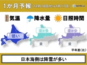 北海道の1か月予報　冬型の気圧配置が強く、日本海側は降雪が多い