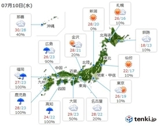 10日　西日本は大雨注意　関東などは貴重な晴れ間
