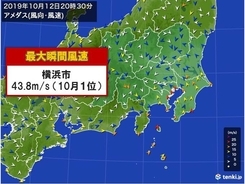 台風19号　横浜で最大瞬間風速43.8メートル