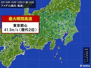 台風19号　東京都心でも猛烈な風　歴代2位