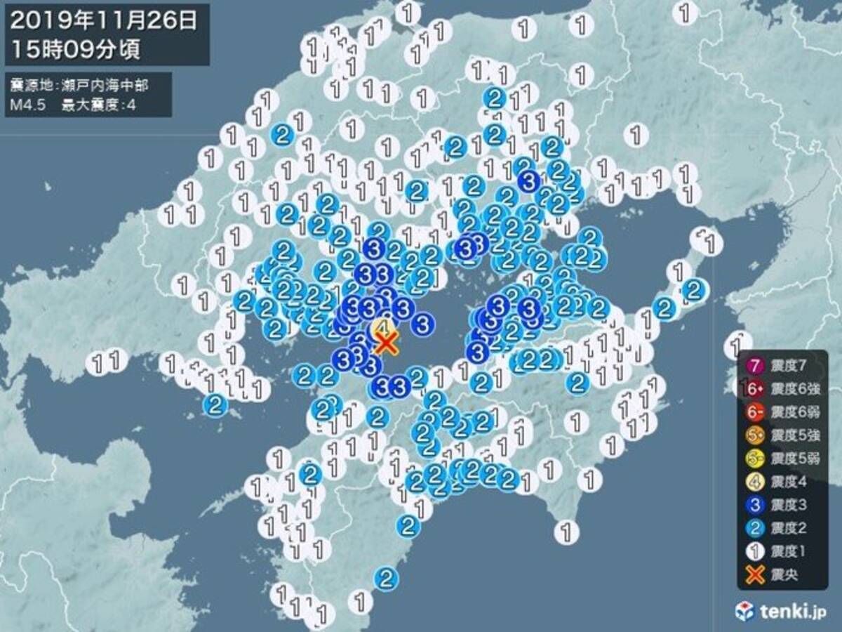 愛媛県で震度4の地震 震源地は瀬戸内海中部 19年11月26日 エキサイトニュース