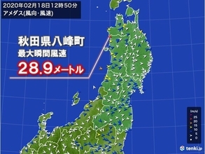 秋田県で風速28.9メートル　東北中心に大荒れ続く