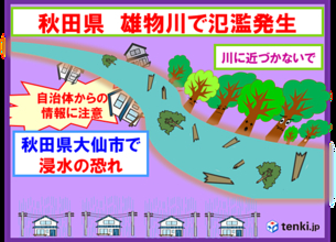 秋田県　雄物川で氾濫発生