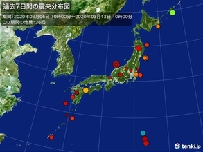 ここ1週間の地震回数　石川県で最大震度5強