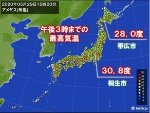 北海道帯広市で28.0度、関東以西で真夏日地点も　湿度は低く