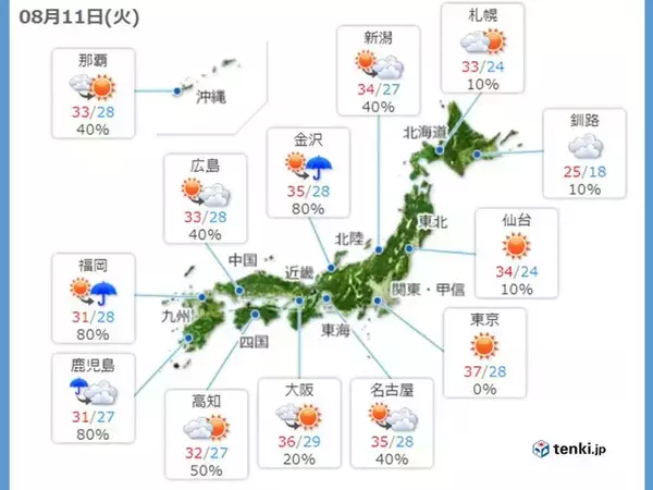 11日　日本列島危険な暑さ　北海道や四国九州では大雨に警戒