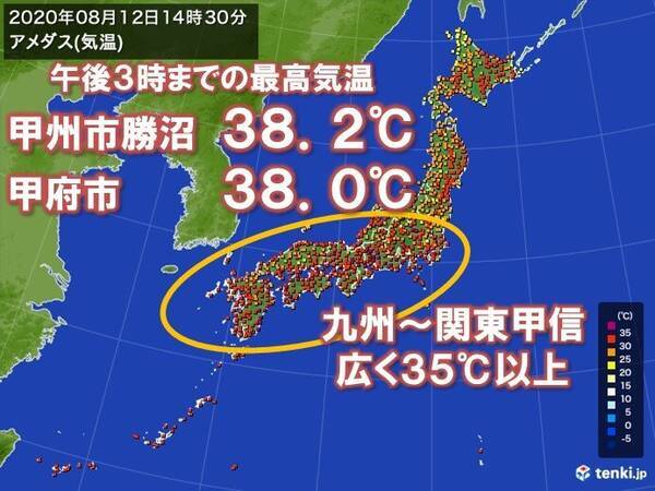 山梨県で38℃以上　関東甲信～九州で広く猛暑日