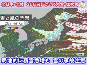 きょう26日夜にかけて北陸・北日本で積雪急増も　27日西・東日本で再び雪のおそれ