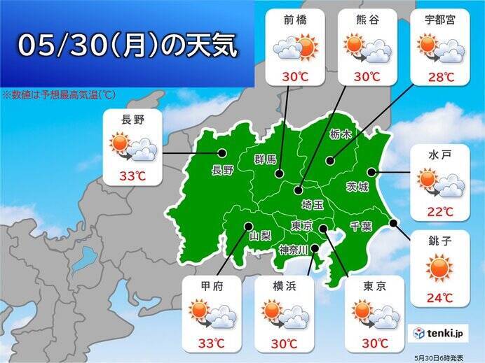 関東甲信　厳しい暑さが続く　内陸部を中心に30℃超え　熱中症に警戒