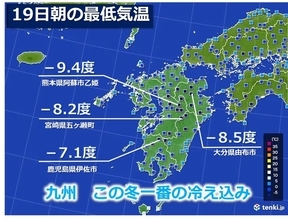 九州　19日朝　この冬一番の厳しい冷え込み　　20日　山沿いは積雪の所も