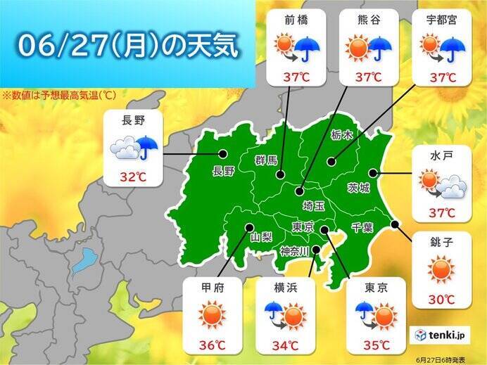 きょう27日の関東　猛烈な暑さが続く　熱中症「危険」レベル　午後は雷雨に注意