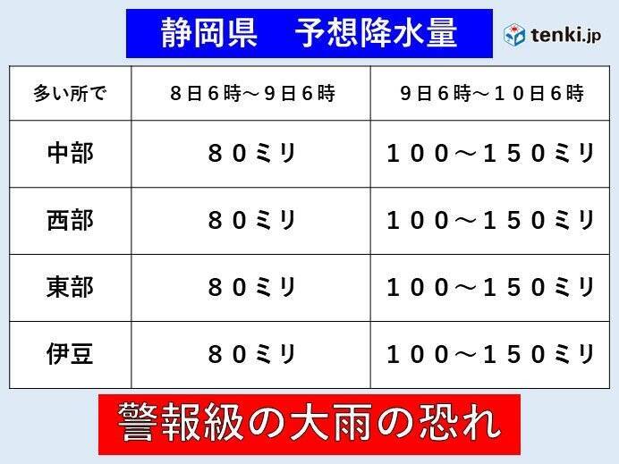 東海地方　今夜から本降りの雨　明日9日は静岡県を中心に警報級の大雨の恐れ