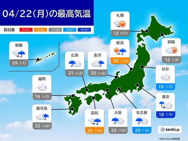 「月曜は関東は雨で気温ダウン　火曜～水曜は西・東日本の太平洋側で雨量が多くなる恐れ」の画像